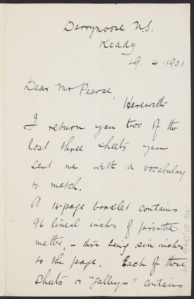 Letter from Henry Morris to Padraic Pearse regarding spelling corrections and sizing specifications for a booklet publication for students of the Irish language,