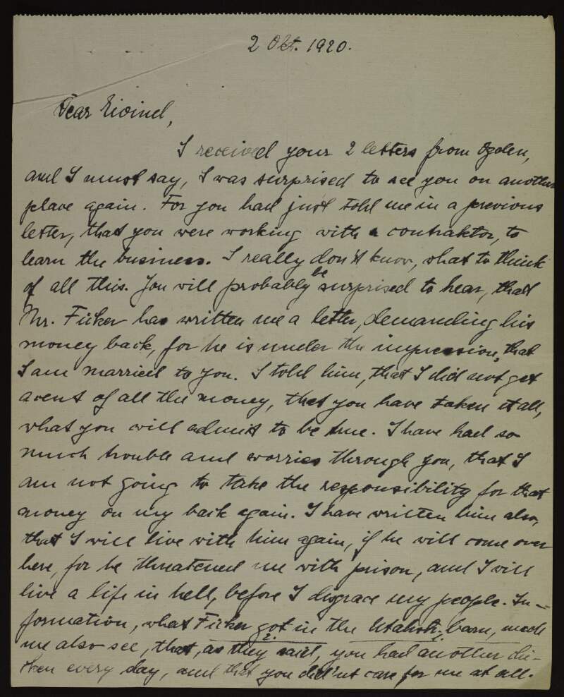 Letter from Margaretta to Adler Christensen stating that she will not take responsibility for his debts and asking him to take her out of the dire situation he has put her in,