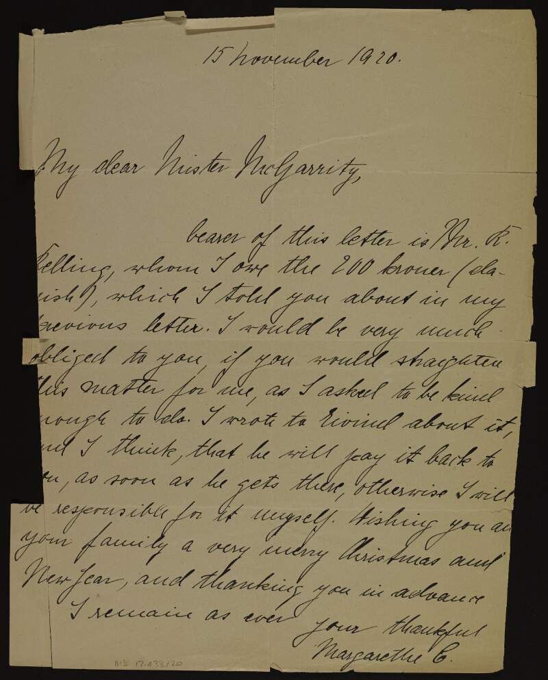 Letter from Margaretta Christensen to Joseph McGarrity asking him to settle a debt with the bearer, Mr. Relling,