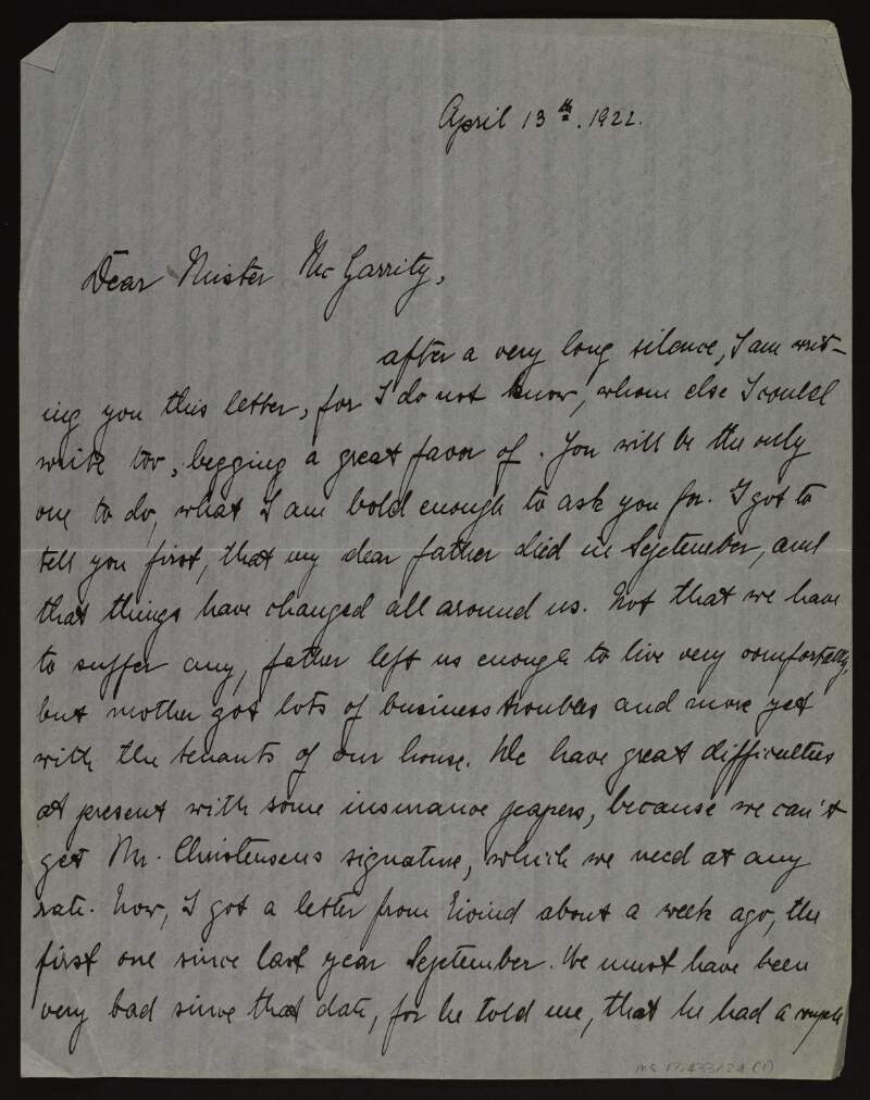Letter from Margaretta Christensen to Joseph McGarrity asking him to make Adler Christensen sign a paper for her in relation to her father's succession,