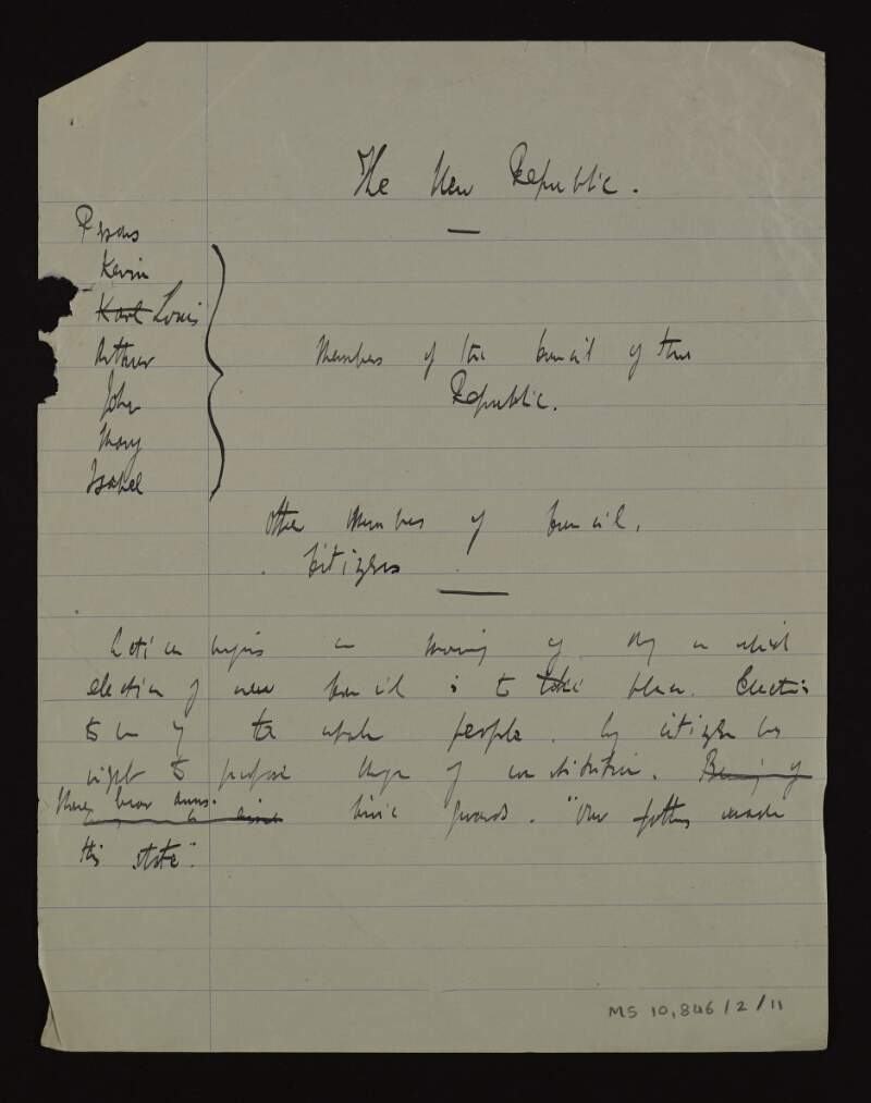 Manuscript draft of setting and dramatis personae of play 'The new republic' ['When the dawn is come'],