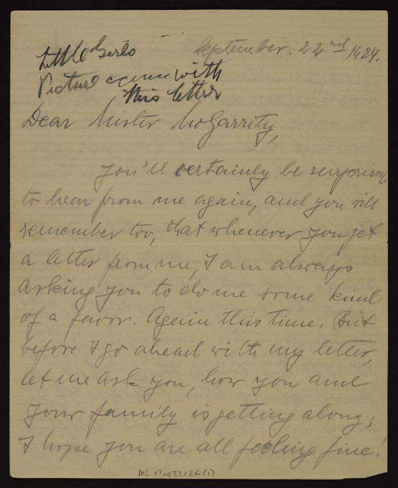 Letter from Margaretta Christensen to Joseph McGarrity asking for information on Adler Christensen, with photograph of her daughter Margaret enclosed,