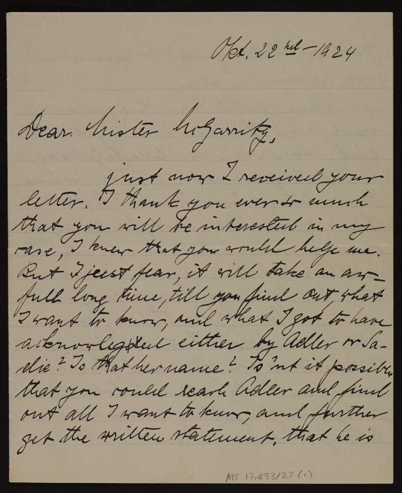 Letter from Margaretta Christensen to Joseph McGarrity enquiring about Adler Christensen's previous marriage to Sadie,