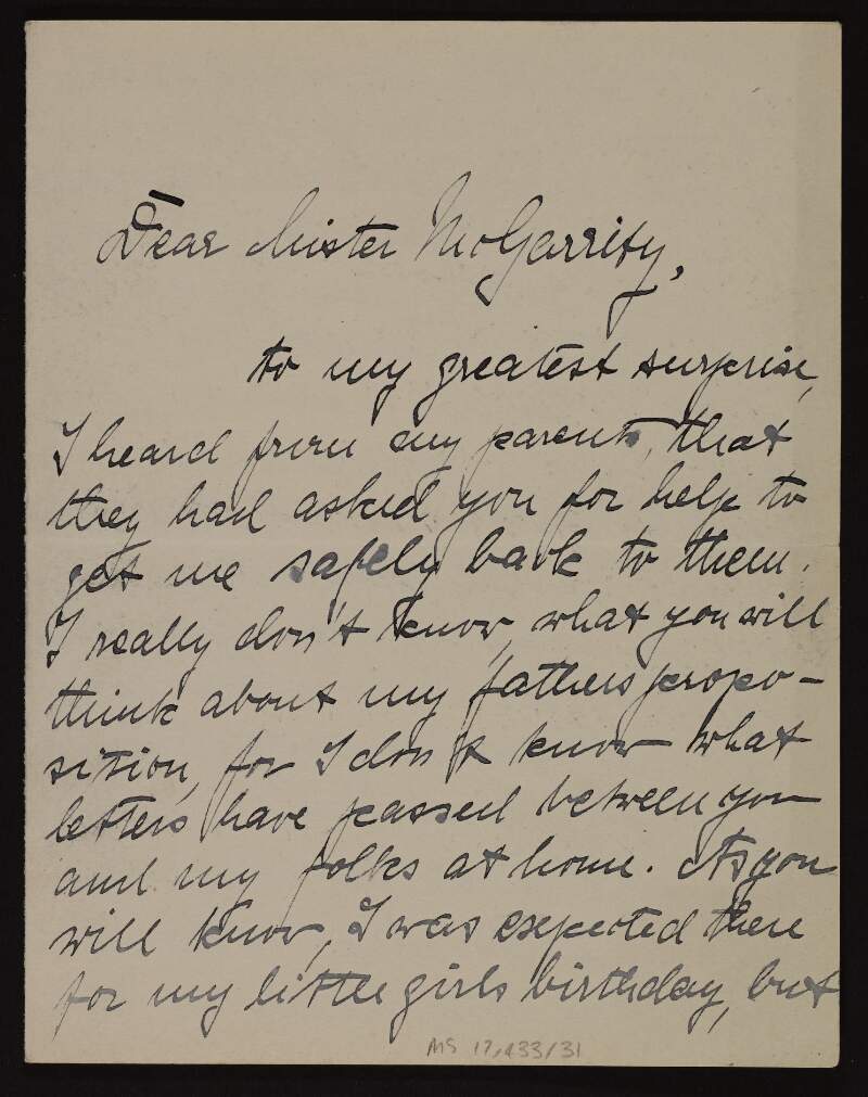 Letter from Margaretta Christensen to Joseph McGarrity regarding her cancelled trip to Germany and the help McGarrity may be able to provide,