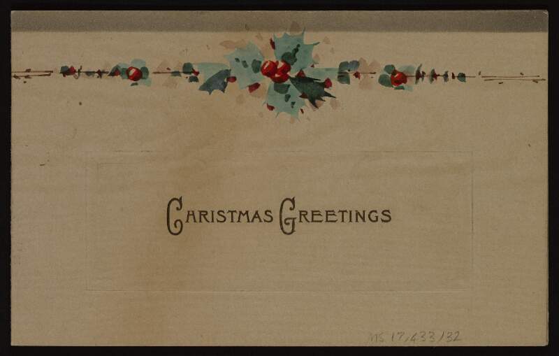 Christmas card from Adler Christensen to unidentified recipient [Joseph McGarrity],