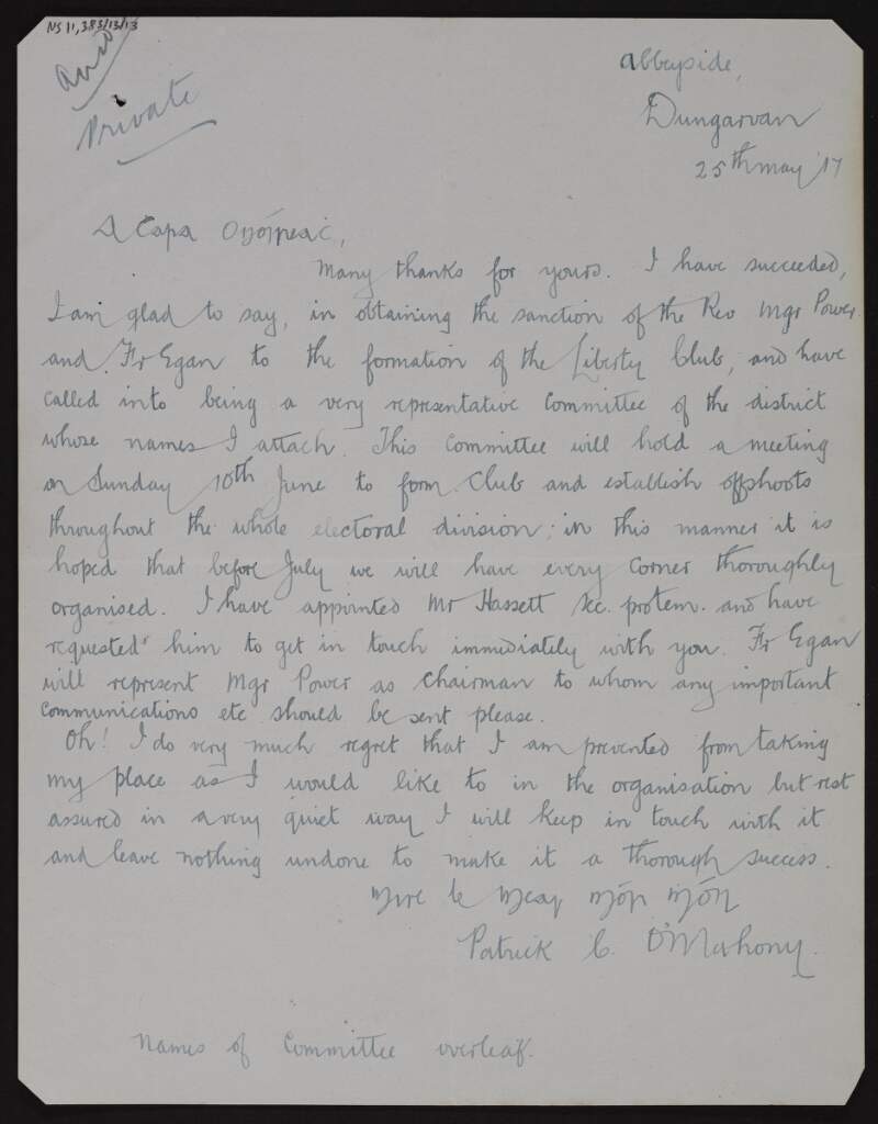 Letter from Patrick C. O'Mahony to George Noble Plunkett, Count Plunkett, informing him that he has obtained the sanction from a priest to form a Liberty Club,