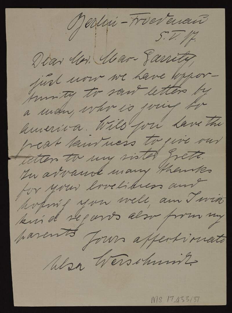 Letter from Elsa Werschmidt to Joseph McGarrity thanking him for transmitting her family's letters to her sister "Greta" [Margaretta Christensen],