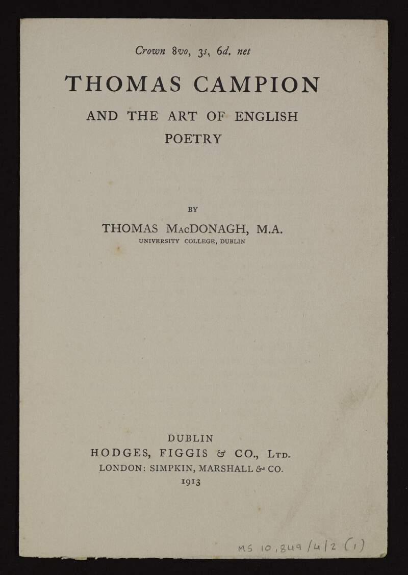 Leaflets for release of 'Thomas Campion and the art of English poetry',