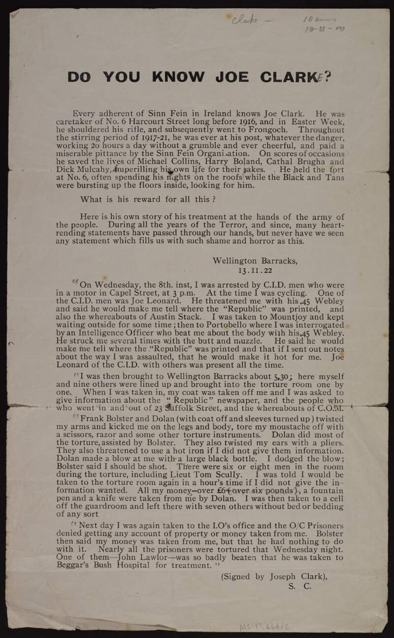Broadsheet describing Joseph Clarke's treatment by the Free State troops on his arrest in November 1922,