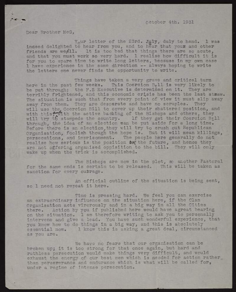 Letter from Moss Twomey to Joseph McGarrity regarding the Coercion Bill, the Eucharistic Congress, and the current state of the Irish Republican Army,