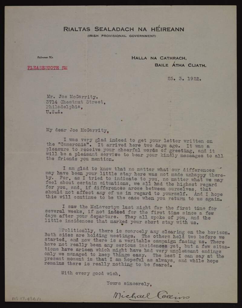 Typescript letter from Michael Collins to Joseph McGarrity assuring him that the differences that have occurred in Ireland should not affect him,