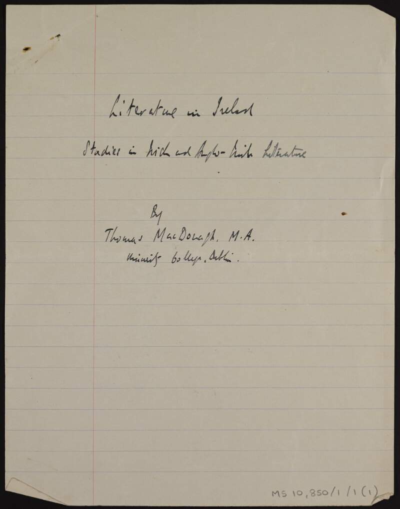 Manuscript draft of title page and dedication for 'Literature in Ireland : studies in Irish and Anglo-Irish literature',