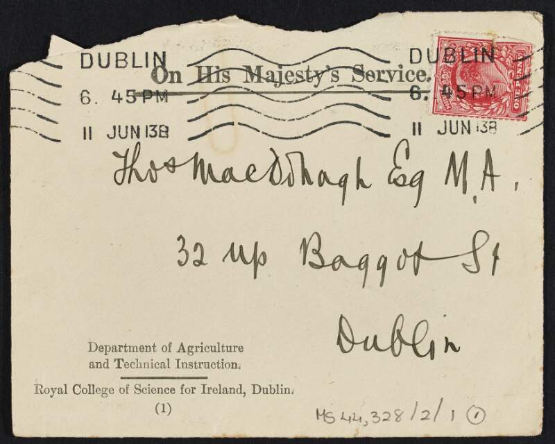 Letter from David Houston to Thomas MacDonagh requesting a meeting at the Royal College of Science at 5pm the following day regarding to the Irish Review,