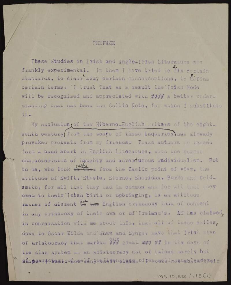 Annotated typescript draft of preface for ['Literature in Ireland'],
