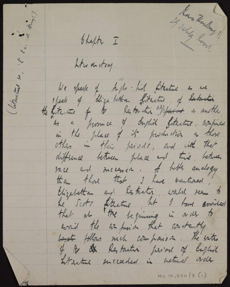 Manuscript draft of 'Chapter I. Introductory' for ['Literature in Ireland'],
