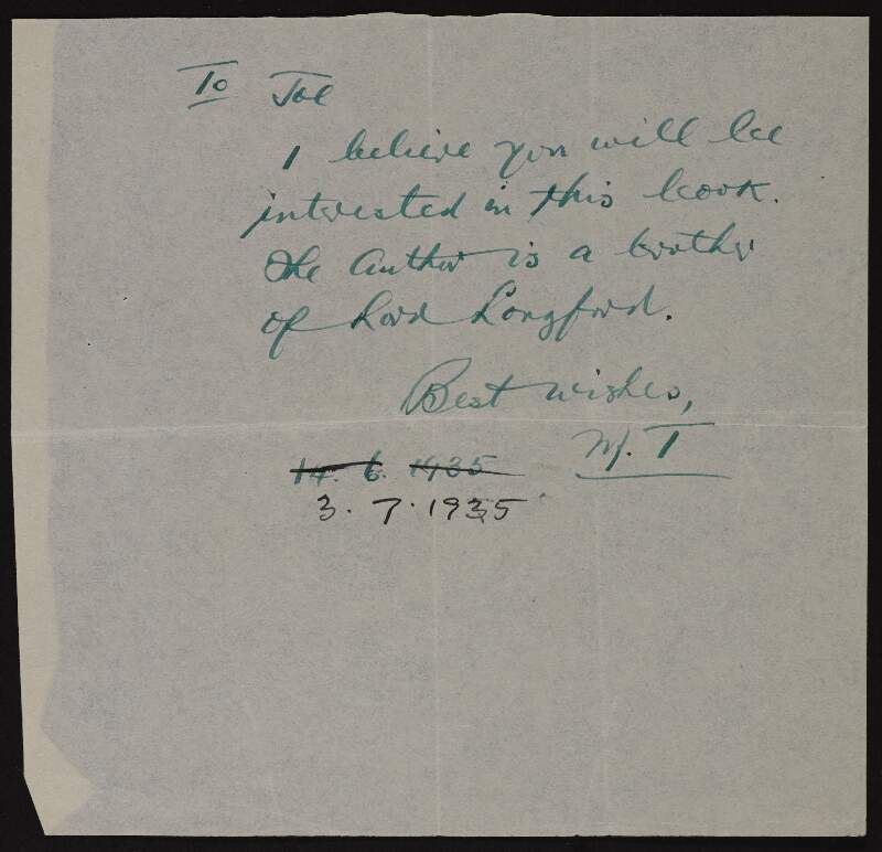 Note from Moss Twomey to Joseph McGarrity recommending a book written by the brother of Lord Longford,