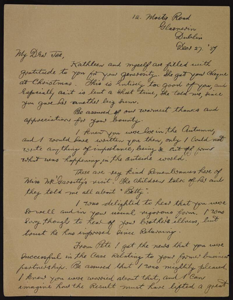 Letter from Moss Twomey to Joseph McGarrity regarding Twomey's release from the 'Glasshouse' prison, and a visit by McGarrity's daughter "Betty",