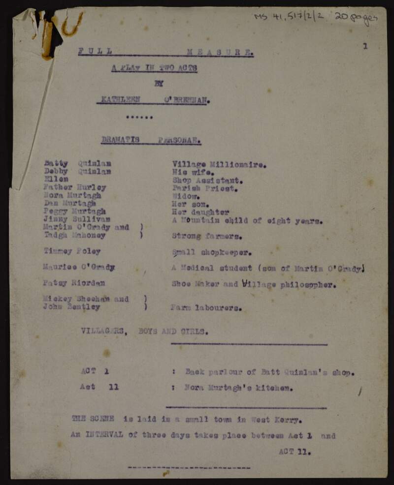 Partial script of 'Full Measure', Act 1, by Kathleen O'Brennan,