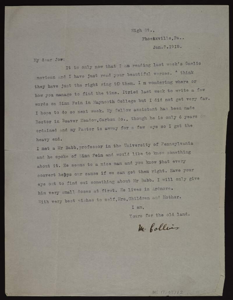 Typescript letter from Father Michael Collins to Joseph McGarrity regarding a Professor Babb and his interest in Sinn Féin,