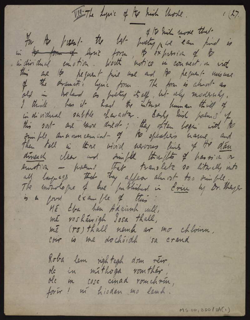 Manuscript draft of 'VII. The lyric of the Irish mode' chapter for ['Literature in Ireland'],
