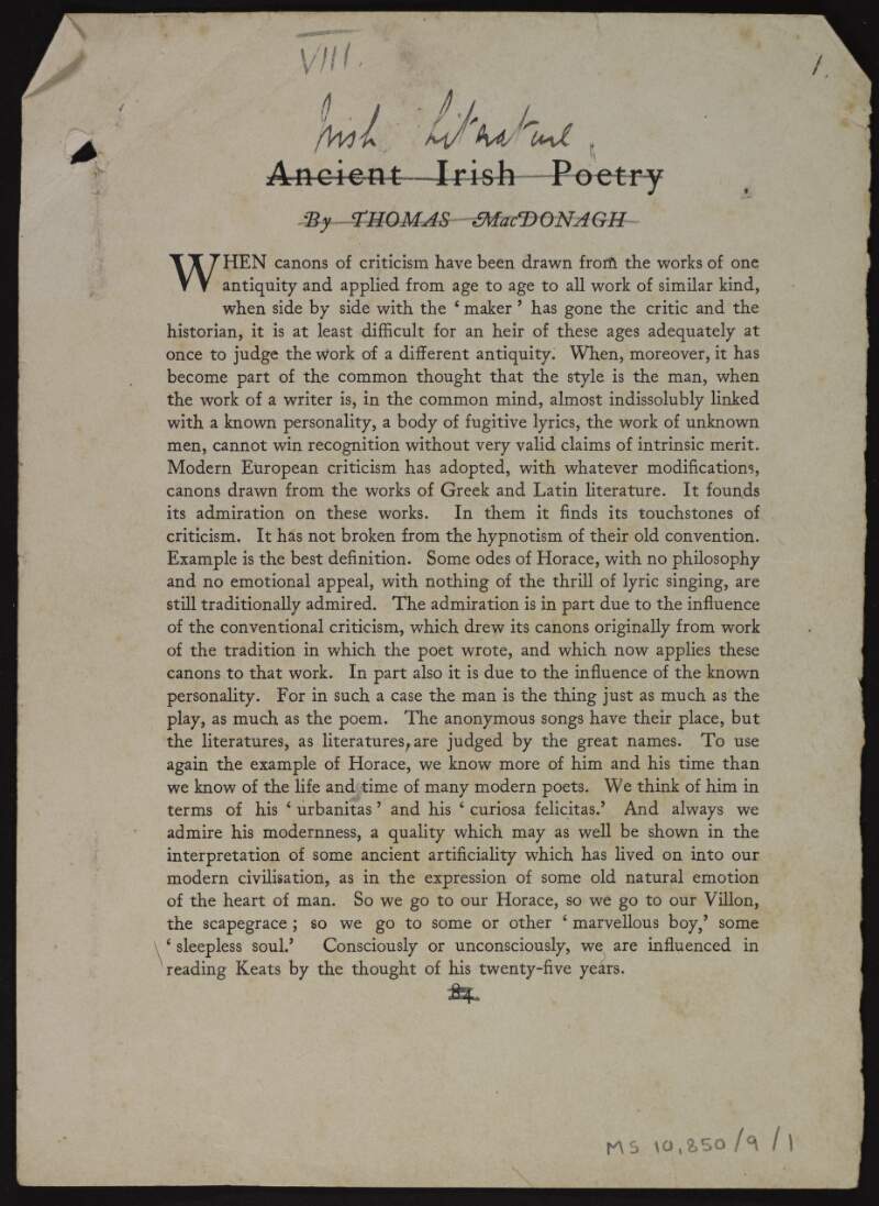 Manuscript draft of 'VIII. Irish literature' chapter for ['Literature in Ireland'],