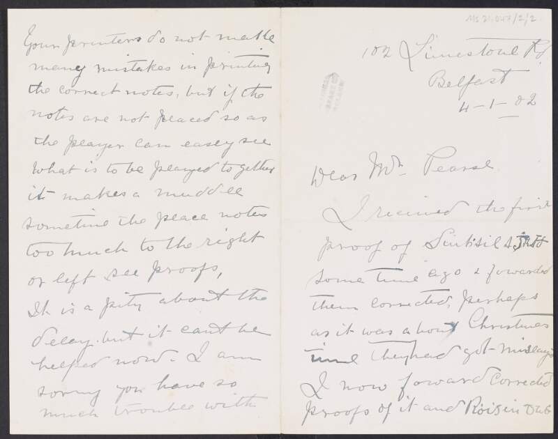 Letter from Carl G. Hardebeck to Padraic Pearse regarding proofs of 'Siúbhal A Grádh' and 'Róisín Dubh' and issues Pearse is facing with the printers,