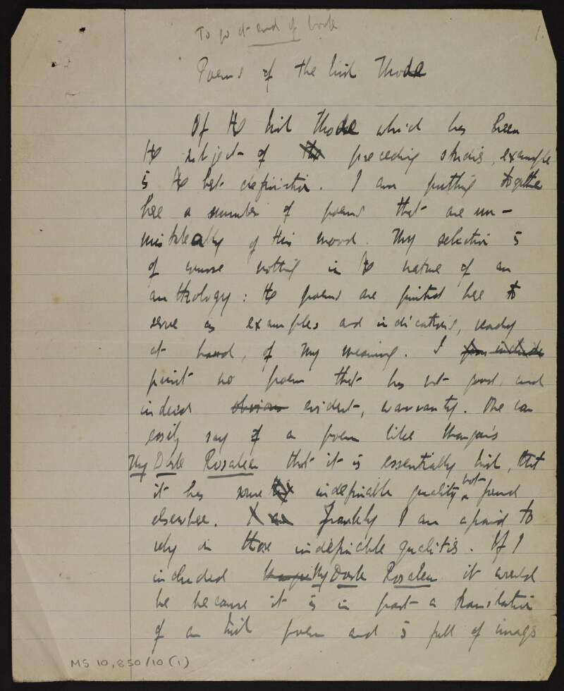 Partial manuscript draft of 'Poems of the Irish mode' section for ['Literature in Ireland'],