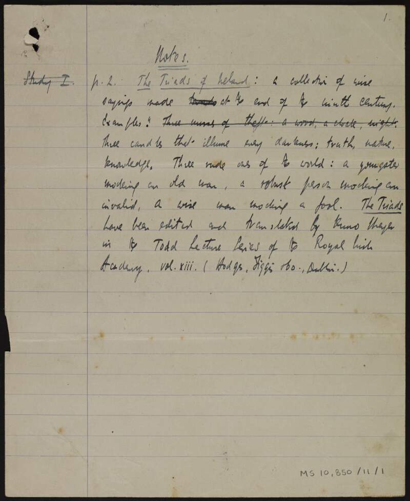 Manuscript draft of 'Notes' section for ['Literature in Ireland'],