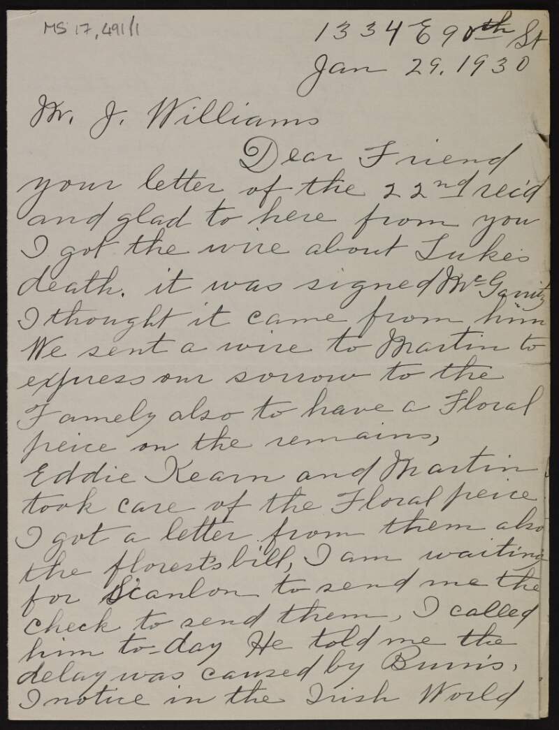 Letter from John Stanton to J. Williams regarding the death of Luke Dillon,