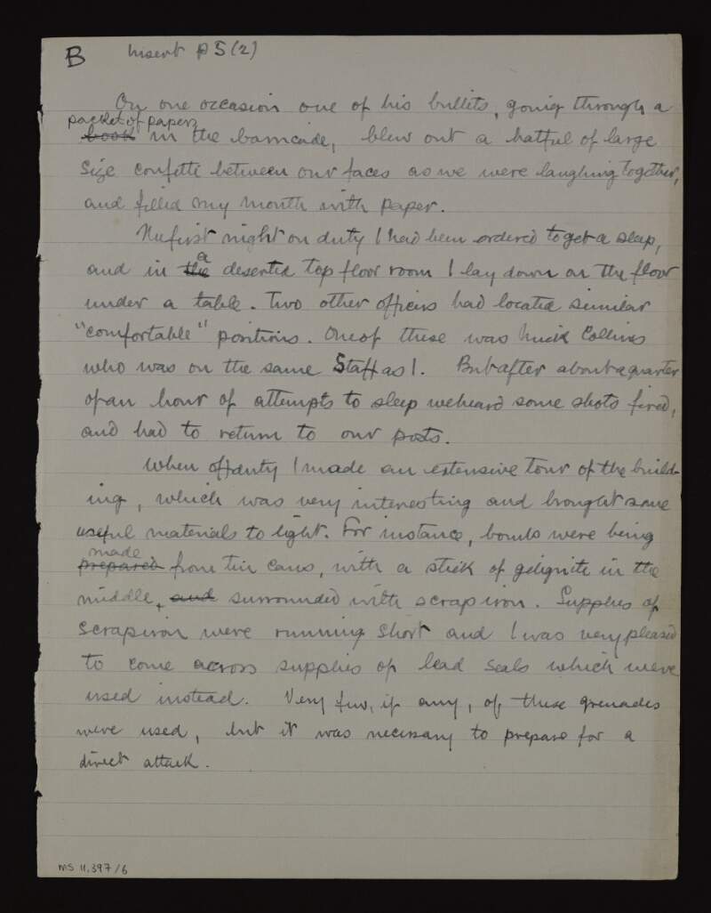 Note by John Plunkett regarding his experience touring, fighting and sleeping in the GPO during the Easter Rising,