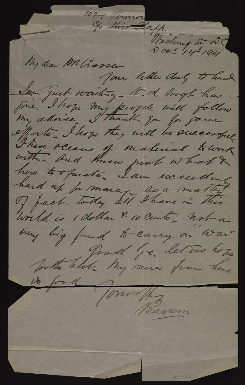 Letter from "Pearson" to William Crossin concerning his lack of money to carry on "war",