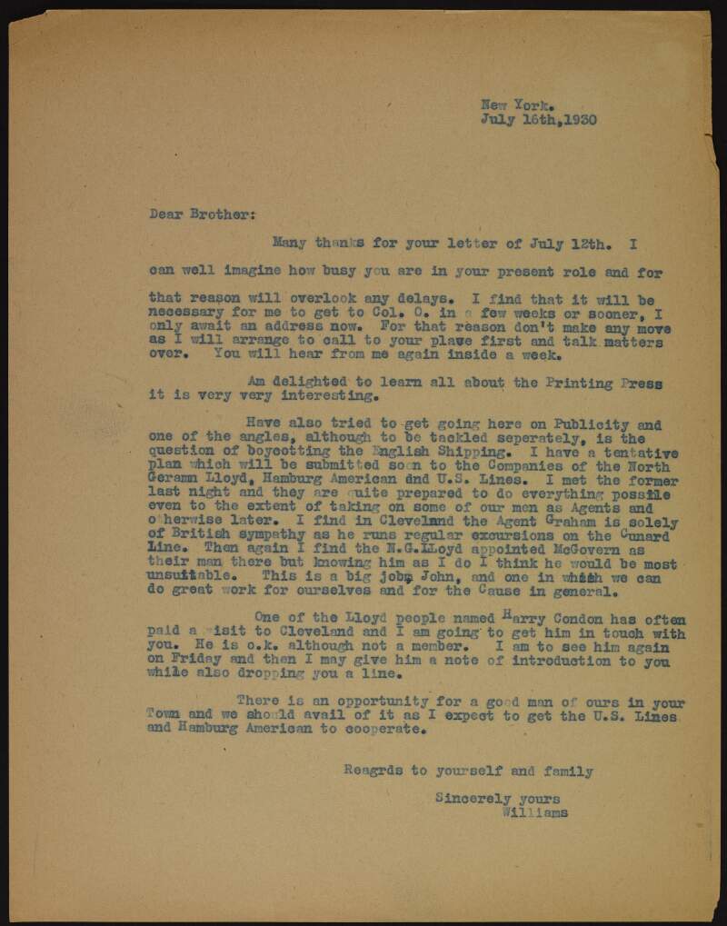 Letter from J. Williams to an unidentified member of Clan-na-Gael discussing the option of boycotting English shipping,