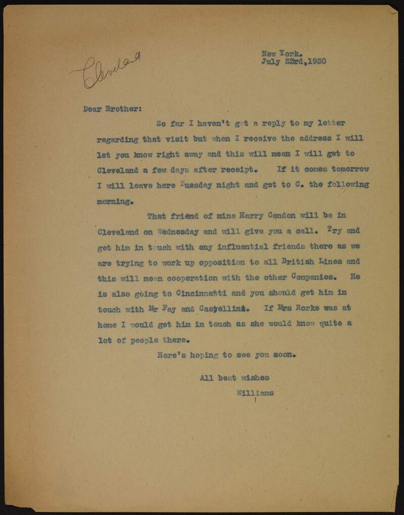 Letter from J. Williams to an unidentified member of Clan-na-Gael regarding Harry Condon visiting Cleveland,