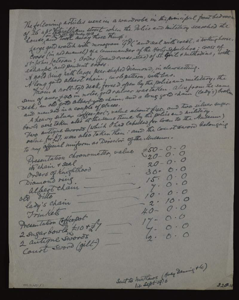 Statement by George Noble Plunkett, Count Plunkett, listing a number of items taken from the principal front bedroom of 26 Upper Fitzwilliam Street by the police and military, with the price of each item included,