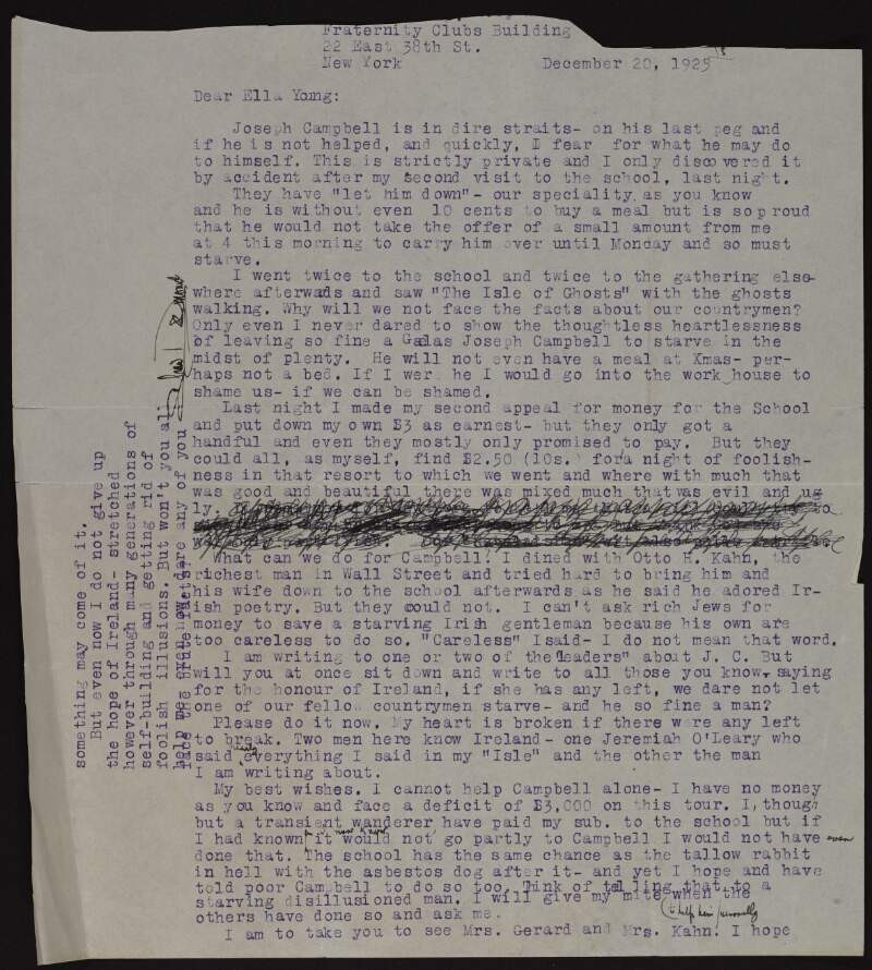Letter from Shaw Desmond to Ella Young regarding the financial difficulties facing Joseph Campbell,