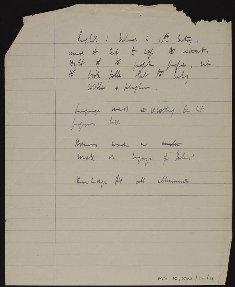 Loose page of manuscript notes for an early draft of the book ['Literature in Ireland'],