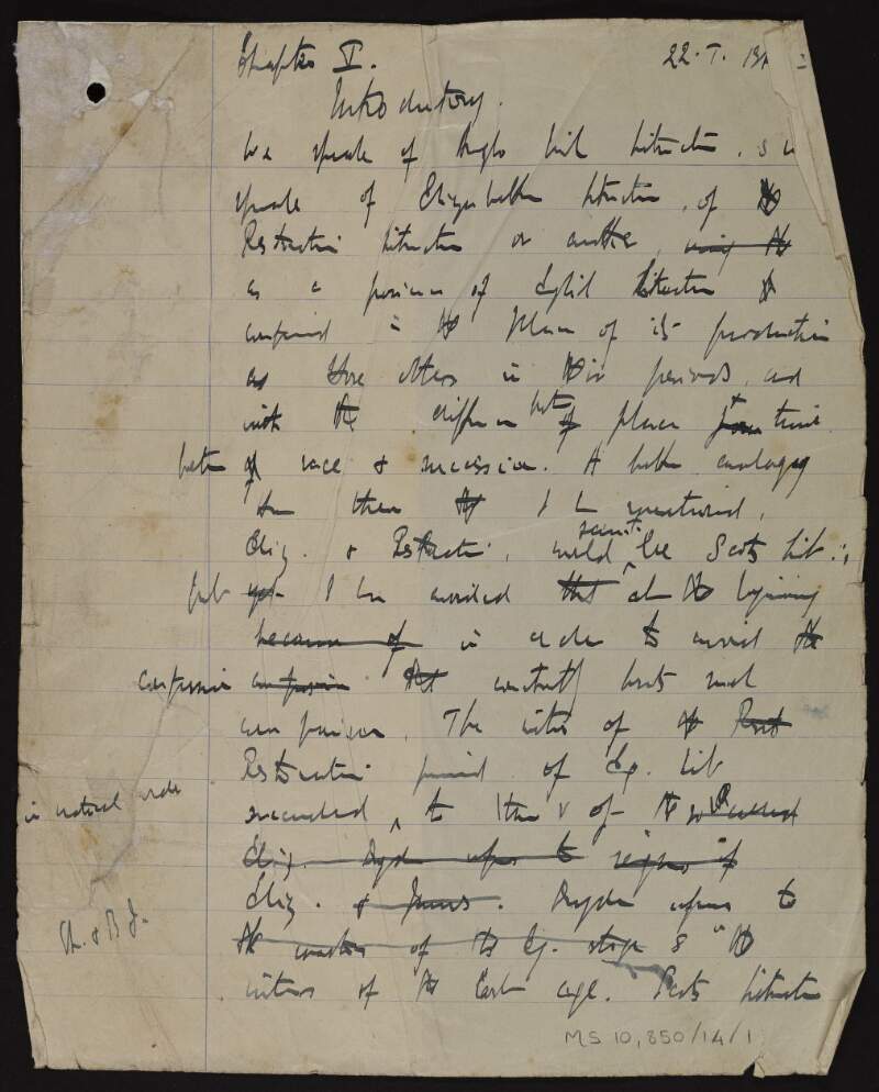 Manuscript early draft of the book ['Literature in Ireland'],