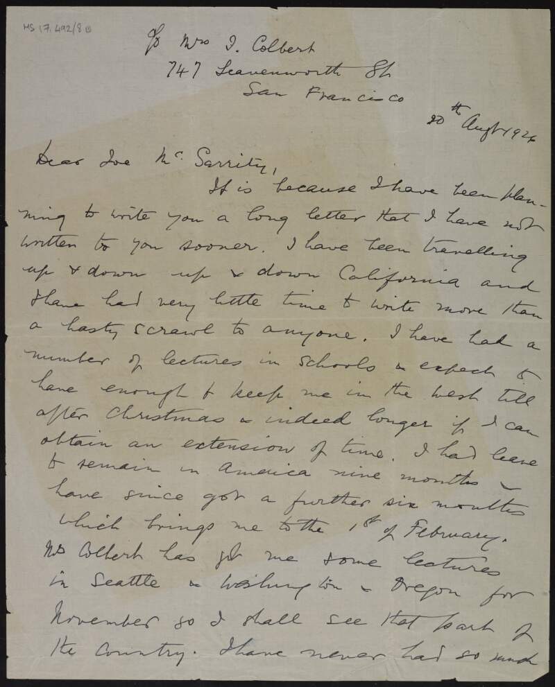 Letter from Ella Young to Joseph McGarrity regarding her promotional tour in California and that she will also be lecturing in Oregon,