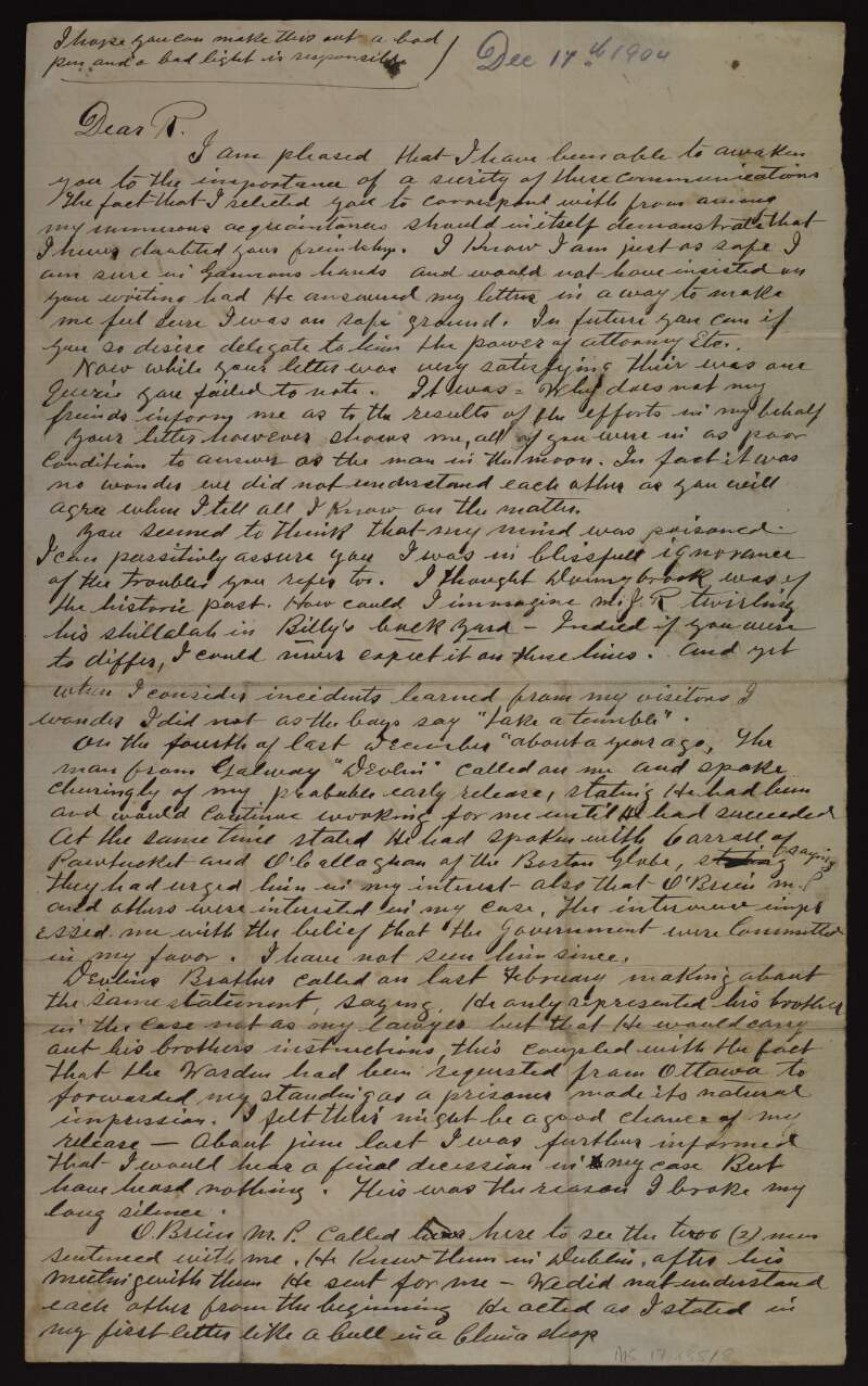 Letter from "Laurence Brennan" [Luke Dillon] to "R" discussing his potential early release from prison and relating a meeting he had with "O'Brien M. P.",