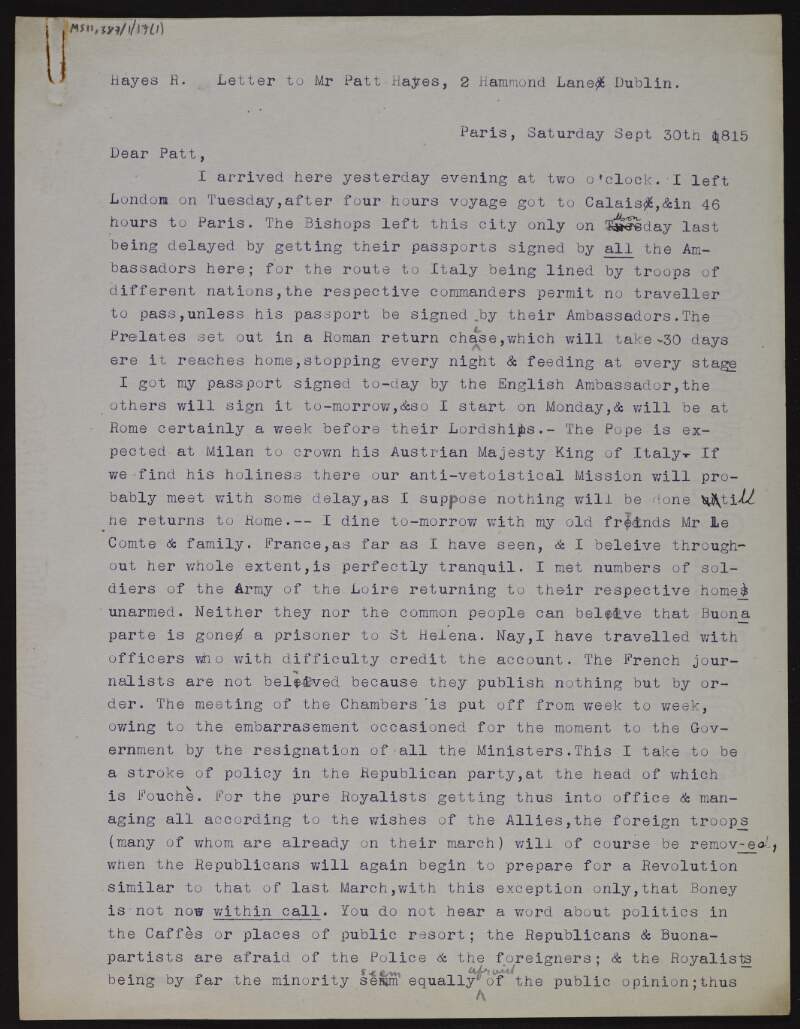 Copy of letter from Richard Hayes to Patt Hayes describing his arrival in Paris and provides a brief description of the French political scene,