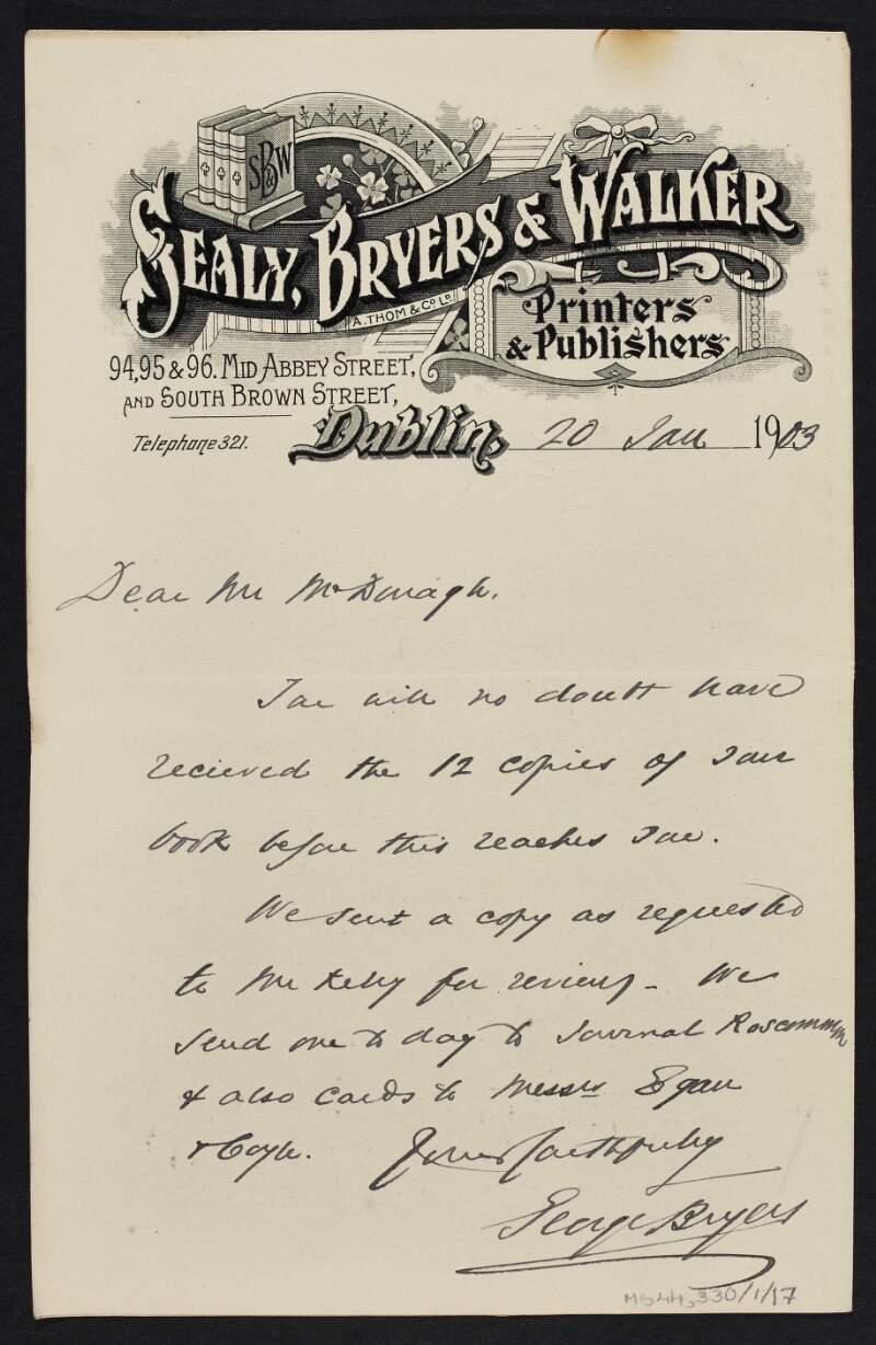 Letter from Sealy, Bryers & Walker to Thomas MacDonagh regarding the circulation of the book for reviewing,