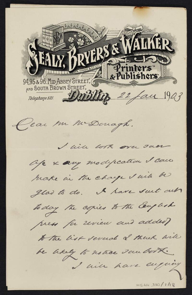 Letter from Sealy, Bryers & Walker to Thomas MacDonagh regarding possible modification being made and also requesting a notice suitable for illustration,