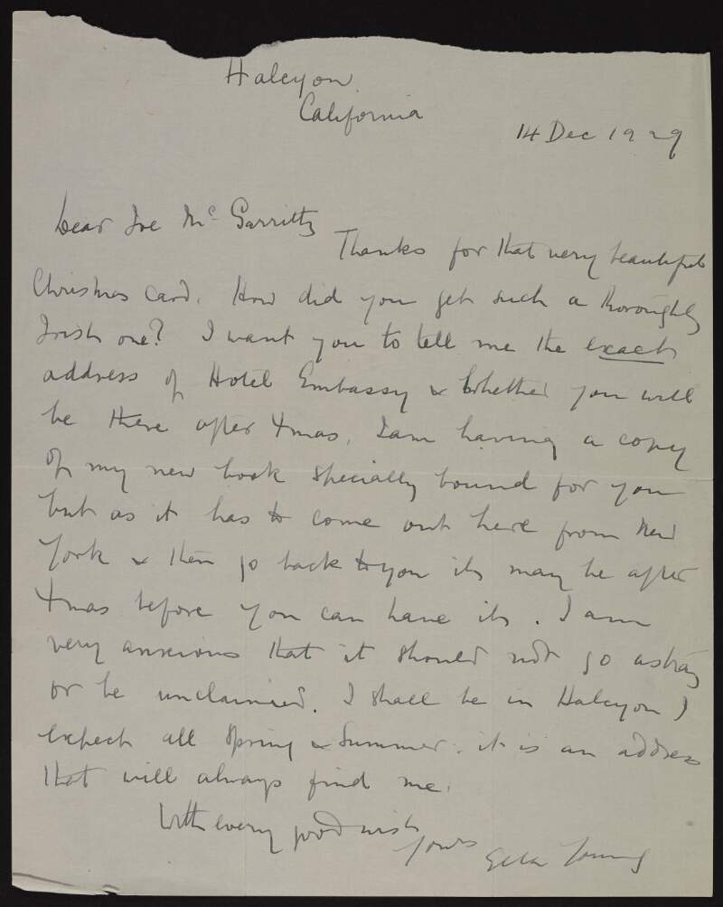 Letter from Ella Young to Joseph McGarrity asking for his address over Christmas so she can send a specially bound copy of her book to him,