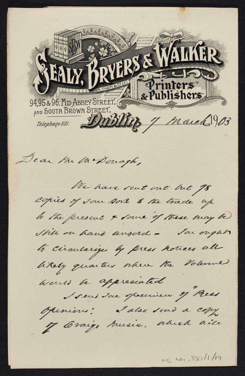 Letter from Sealy, Bryers & Walker to Thomas MacDonagh regarding the circulation of his book,