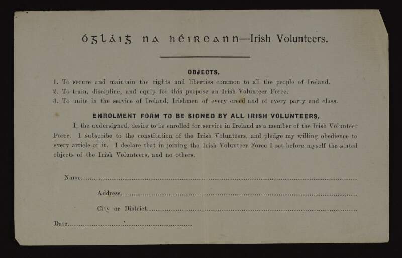 Enrolment form to be signed by new members of the Irish Volunteers,