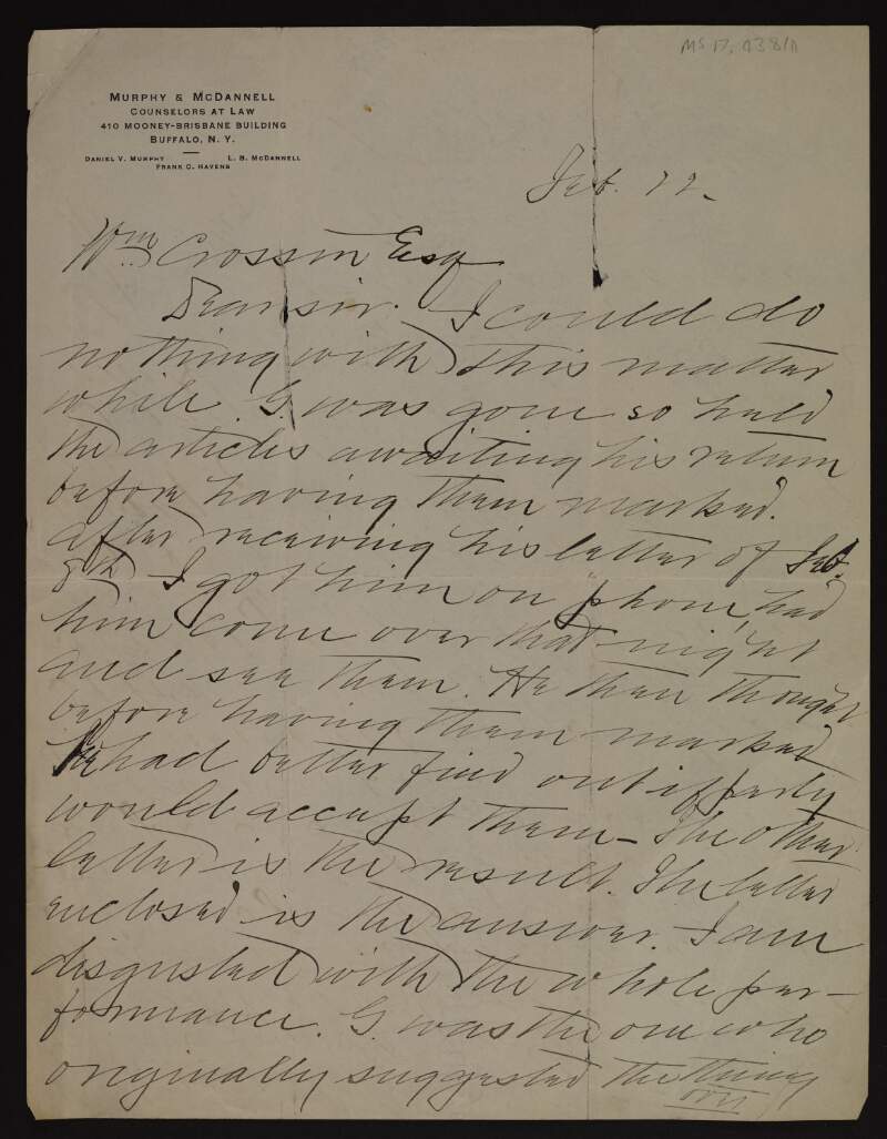 Letter from Daniel V. Murphy to William Crossin concerning articles,