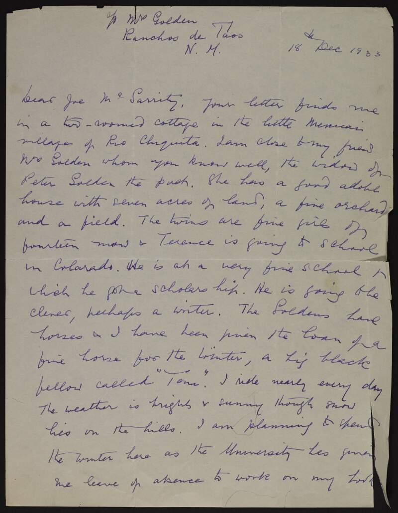 Letter from Ella Young to Joseph McGarrity regarding her stay in Rio Chiquita, Mexico, and current events in Ireland,