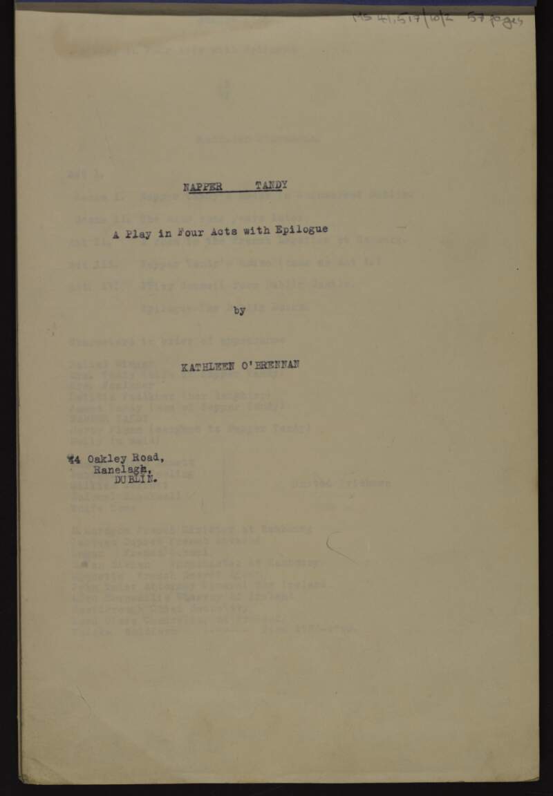 'Napper Tandy', a play in four acts with epilogue, by Kathleen O'Brennan,
