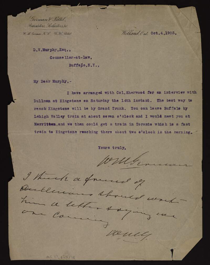 Typescript letter from William M. German to Daniel V. Murphy informing him that he has arranged a meeting with "Dullman" [Luke Dillon] at Kingstone prison on 14 October,