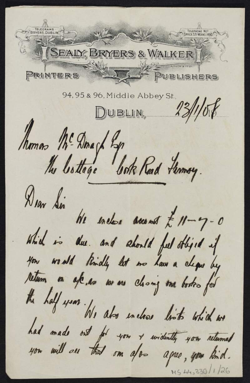 Letter from Sealy, Bryers & Walker to Thomas MacDonagh regarding the requirement of the payment of an overdue account,